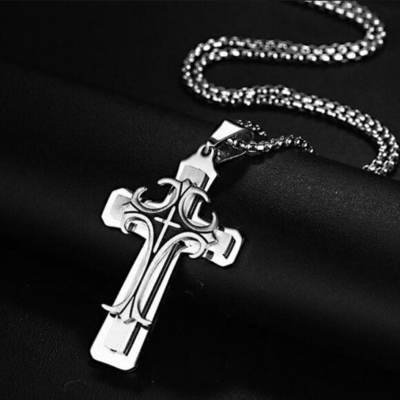 ❤️Stainless Steel Retro Layered Cross Necklace, N90201P119 - Picture 1 of 5